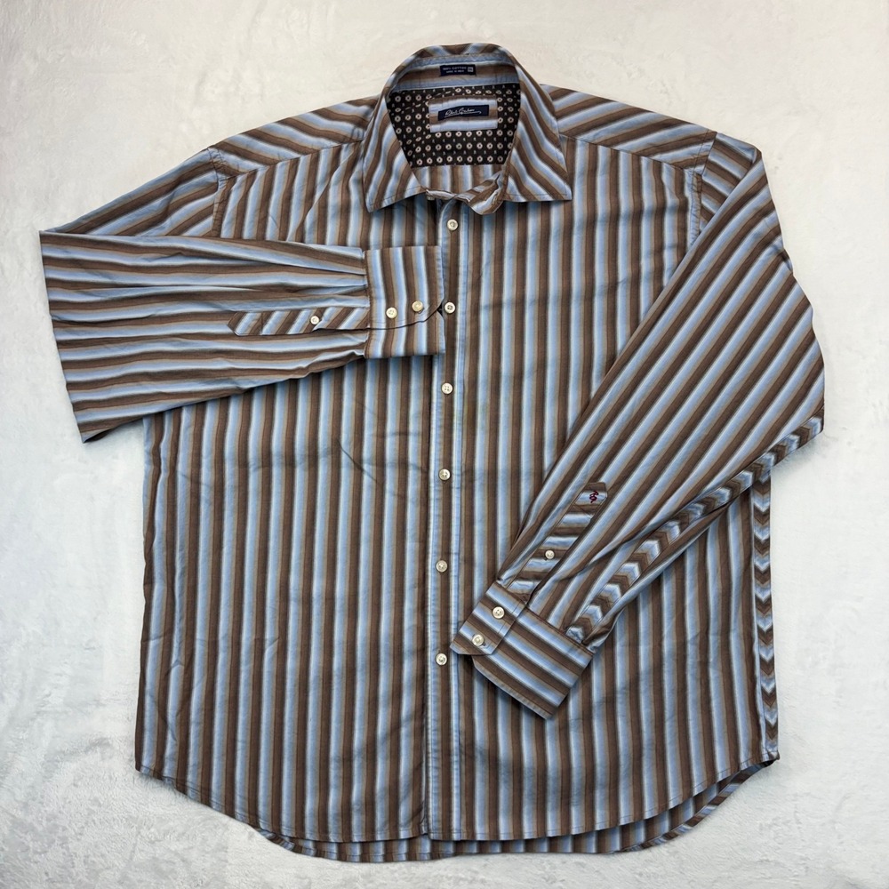 Robert Graham Mens 3XL Brown Blue Striped Cotton Button Down Shirt Long Sleeve